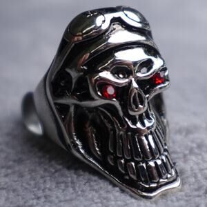 Stainless Steel Skull Ring Size 9 with Motorcycle goggles RSRN-620